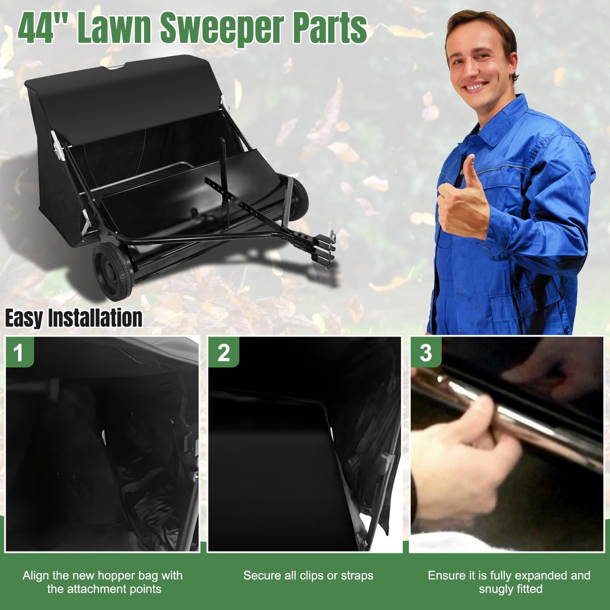 YUKGAMS easy installation image shows tool-free bag swap for quick maintenance.