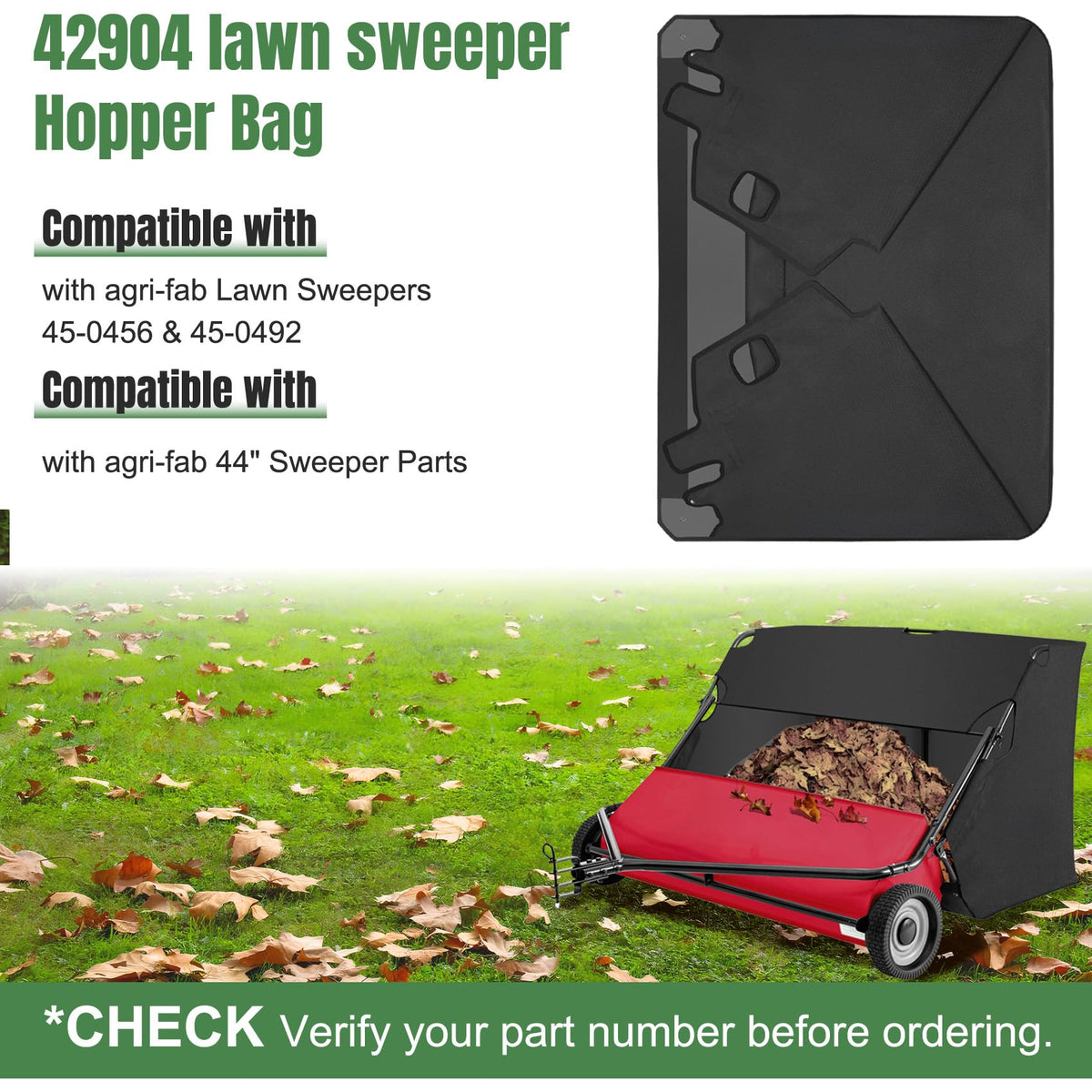 YUKGAMS leaf sweeper bag replacement highlighting compatibility and use in yard cleanup.