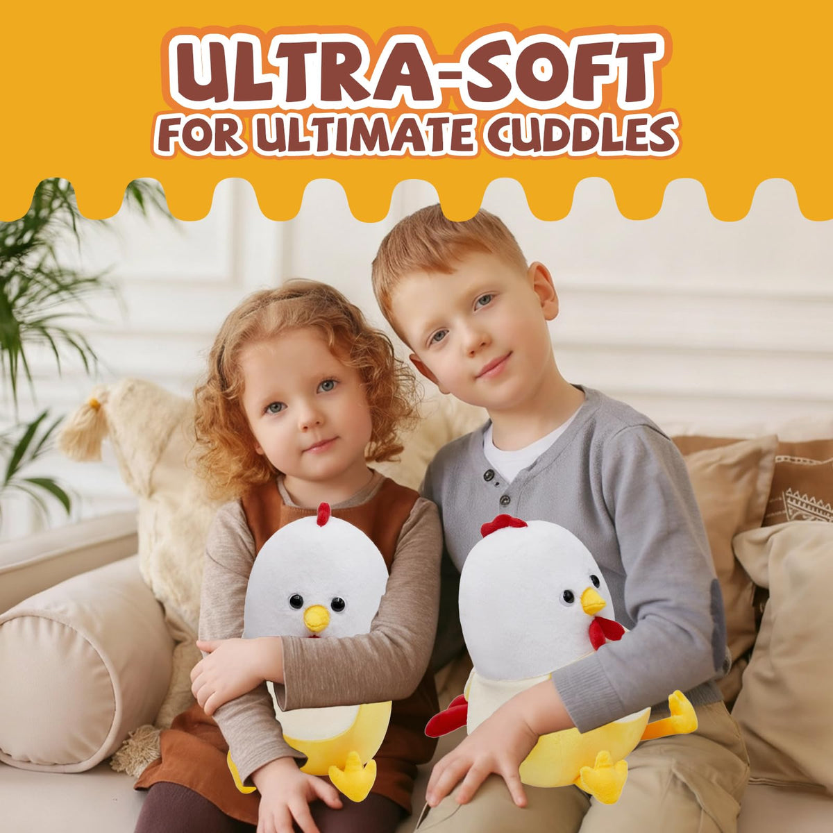 Yulefly yellow beak and comb feature bright, cheerful toy for kids.