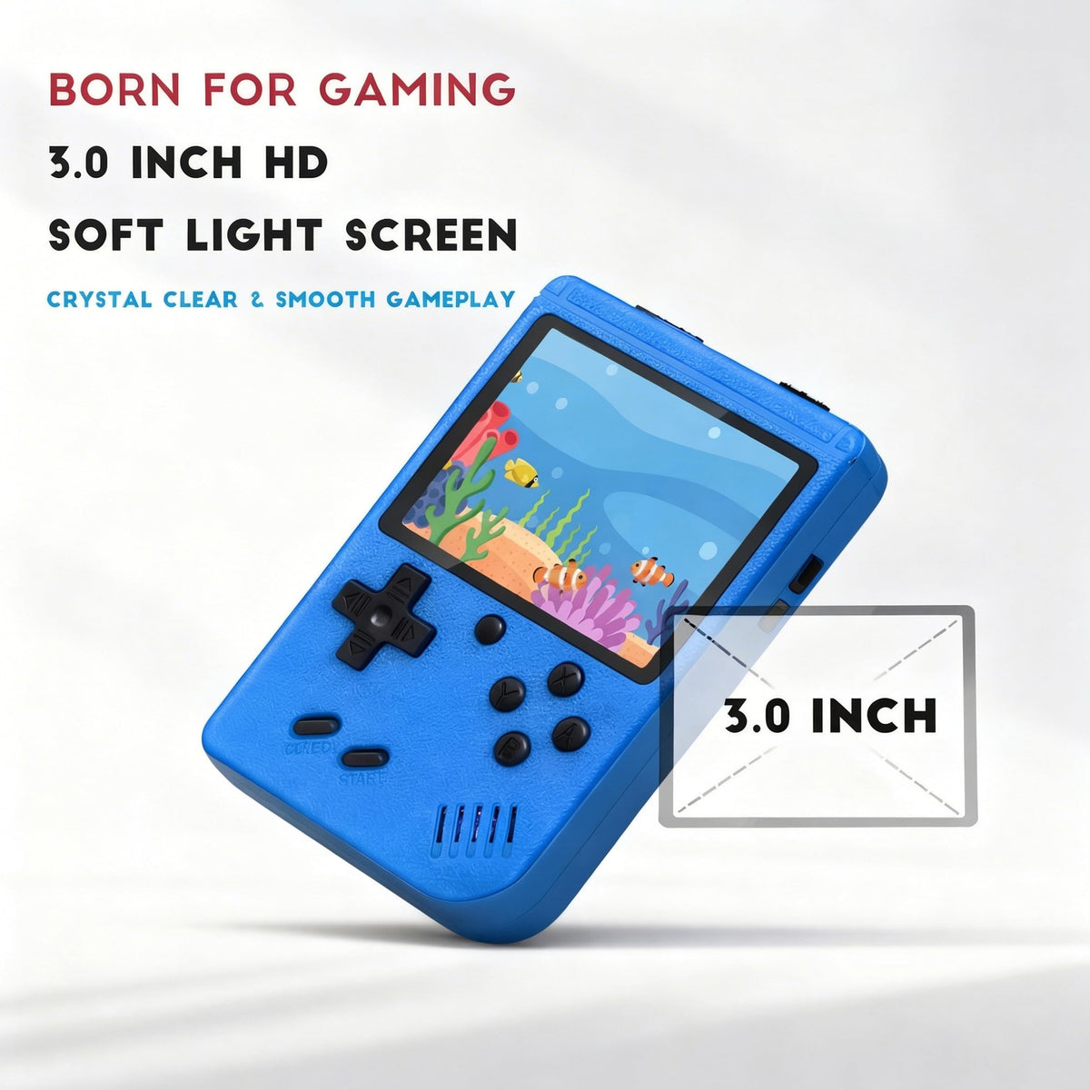 Yumsonyo Retro handheld console blue 3 inch display with vibrant colors for clear play.