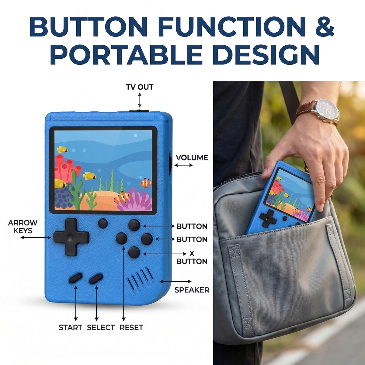 Yumsonyo Retro handheld console blue battery pack, built-in 1020mAh for extended play.