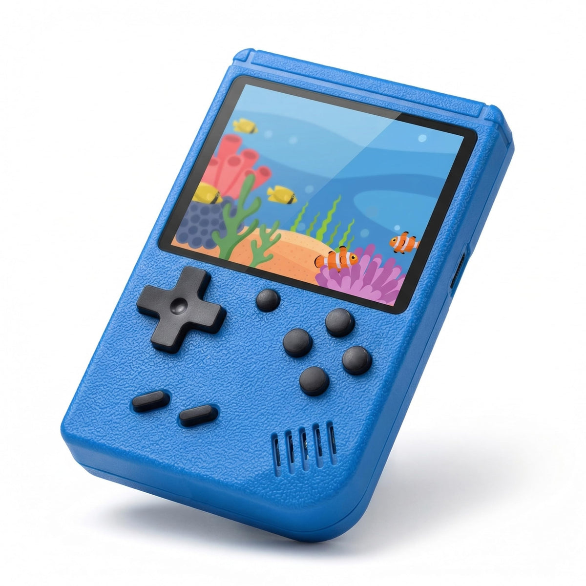 Yumsonyo Retro handheld console blue front view, compact and travel-ready for on-the-go gaming.
