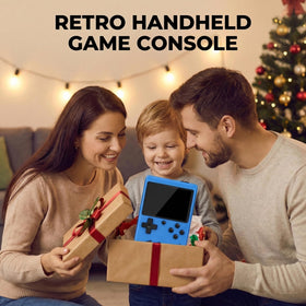 Yumsonyo Retro handheld console blue packaging contents, manual and cables included.
