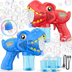 Yunaking bubble machine gun two-pack front view in action for kids' outdoor play