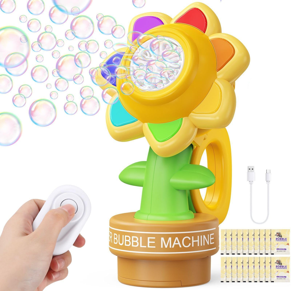 Yunaking Bubble Machine Wands base flower pot for hands-free outdoor fun at parties.