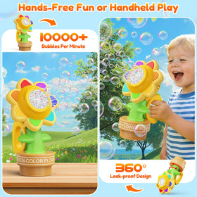 Yunaking Bubble Machine Wands LED lights create dazzling, dance-along bubbles day and night.