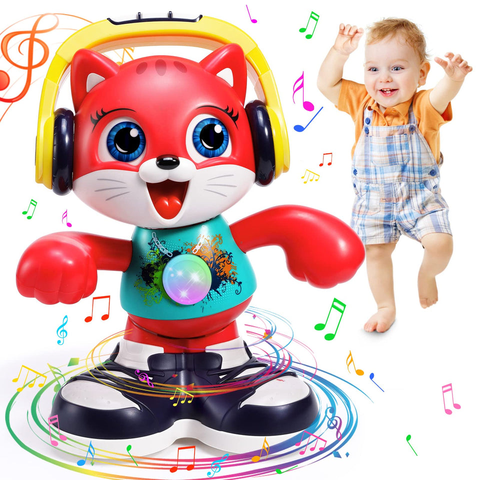 Yunaking Dancing Cat toy with lights and music engages baby and promotes crawling.
