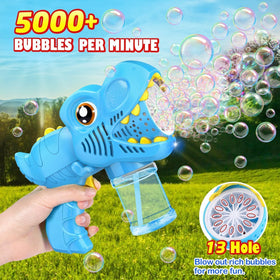 Yunaking Dinosaur Bubble Gun blue LED night lighting for after-dark bubbles.