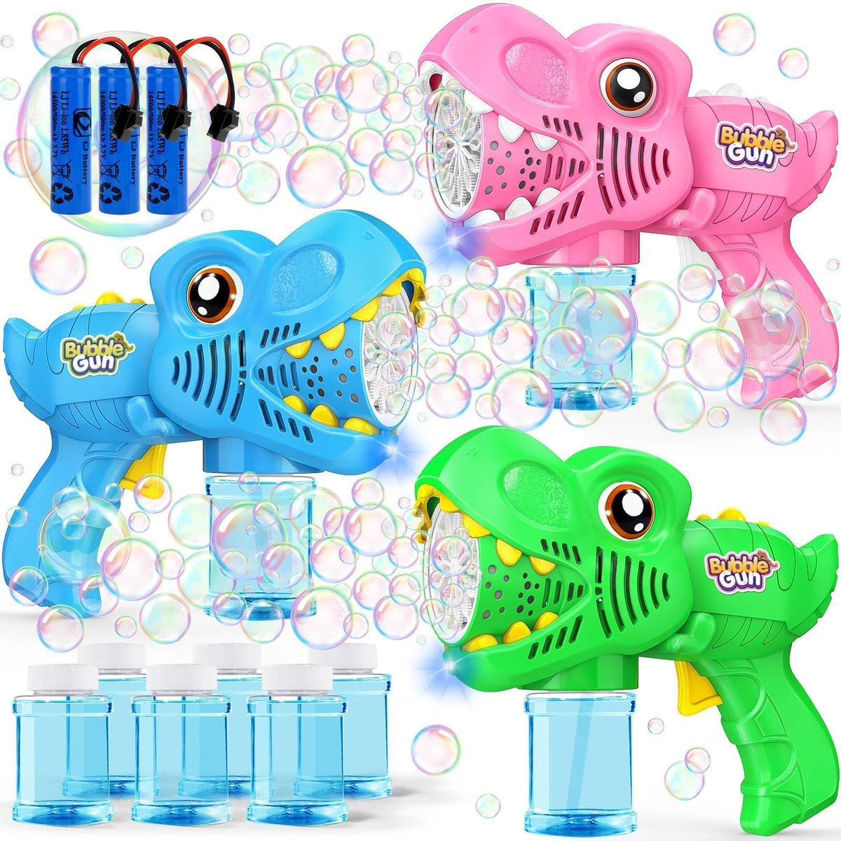 Yunaking Dinosaur Bubble Gun green with vibrant bubbles for outdoor play.