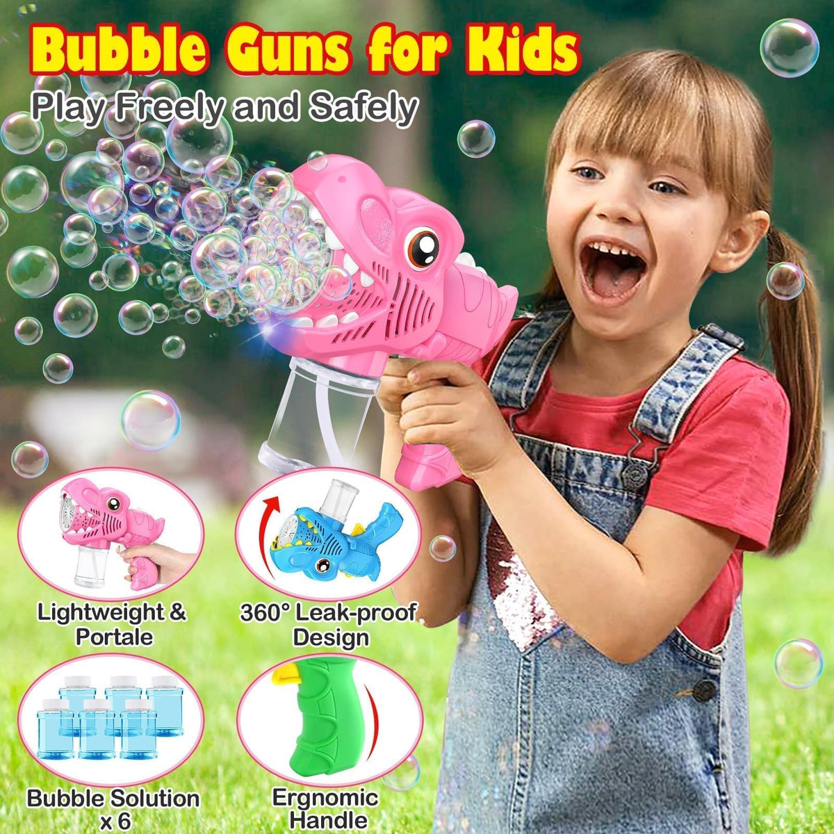Yunaking Dinosaur Bubble Gun used outdoors in a backyard setup.