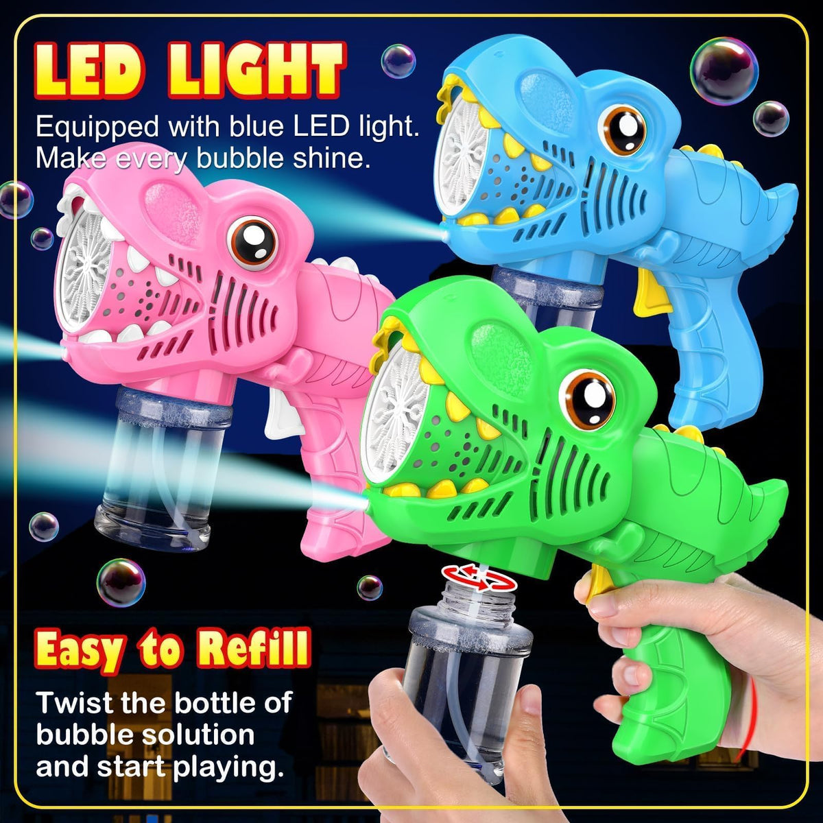 Yunaking Dinosaur Bubble Gun pink held by child for easy grip.