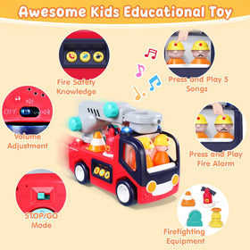 Yunaking fire truck toy with dial, twist, and press tools
