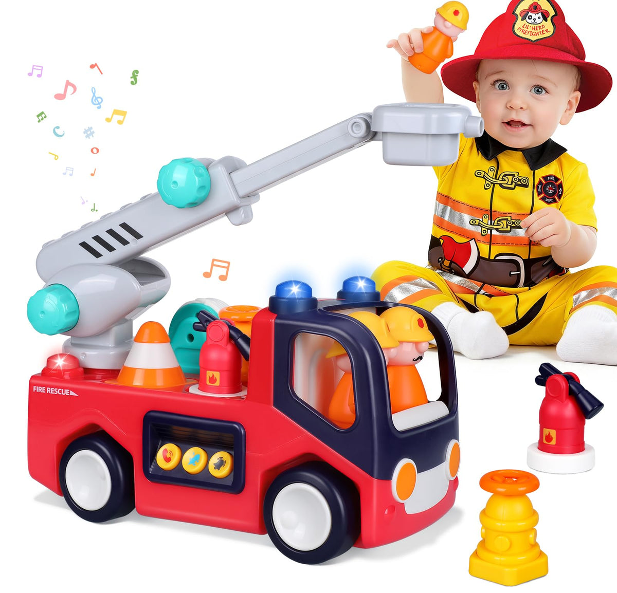 Yunaking fire truck toy with flashing lights for toddlers' imaginative play