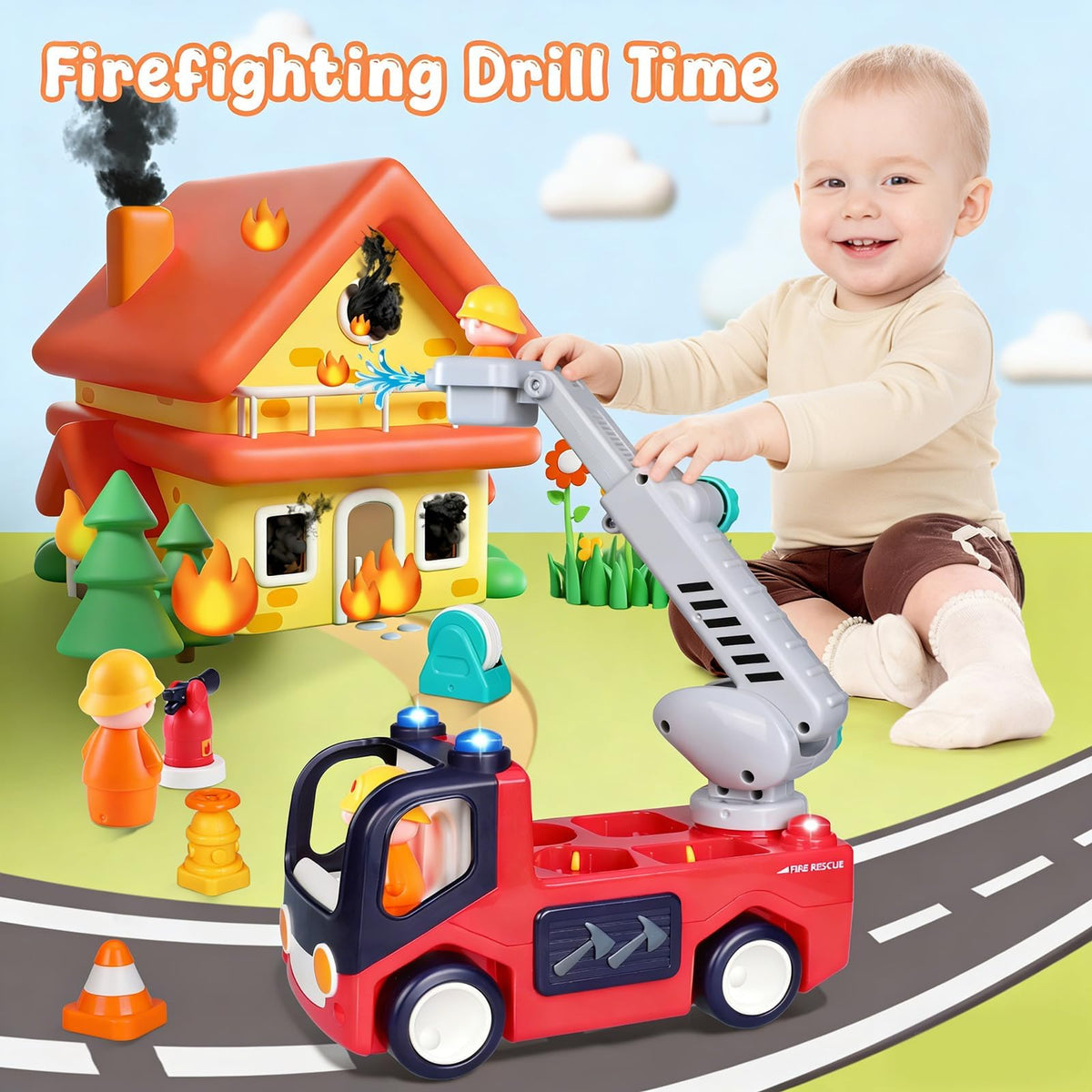 Yunaking fire truck toy volume control protects little ears