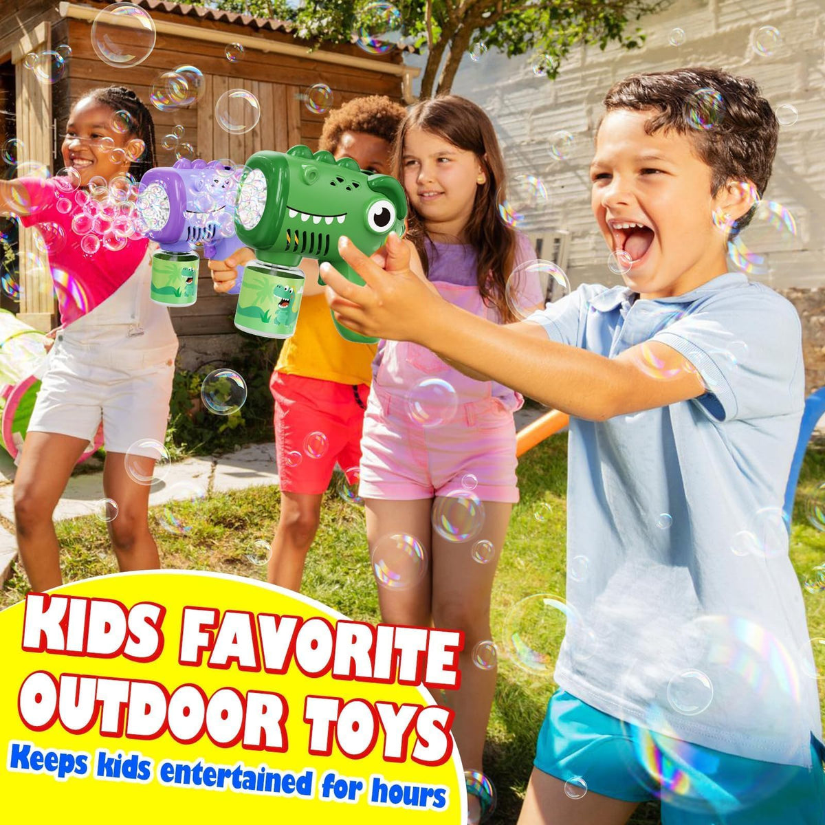 Child holding Yunaking bubble gun with easy grip and safety
