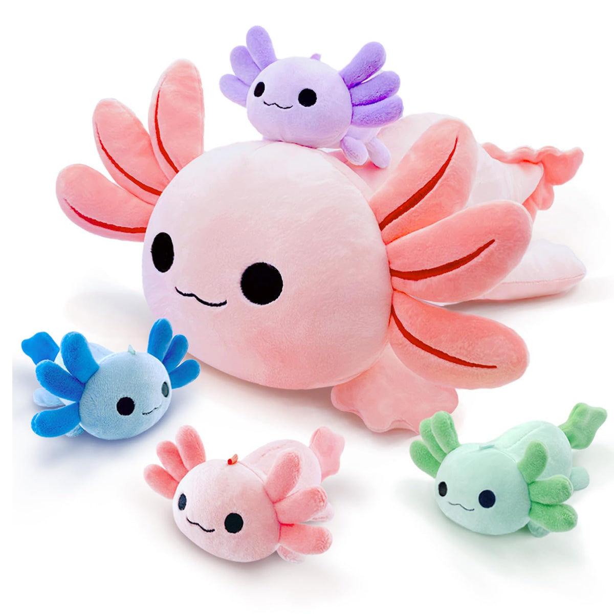 YUNCOL Axolotl Mommy plush with babies in belly, ideal for cuddling and imaginative play.