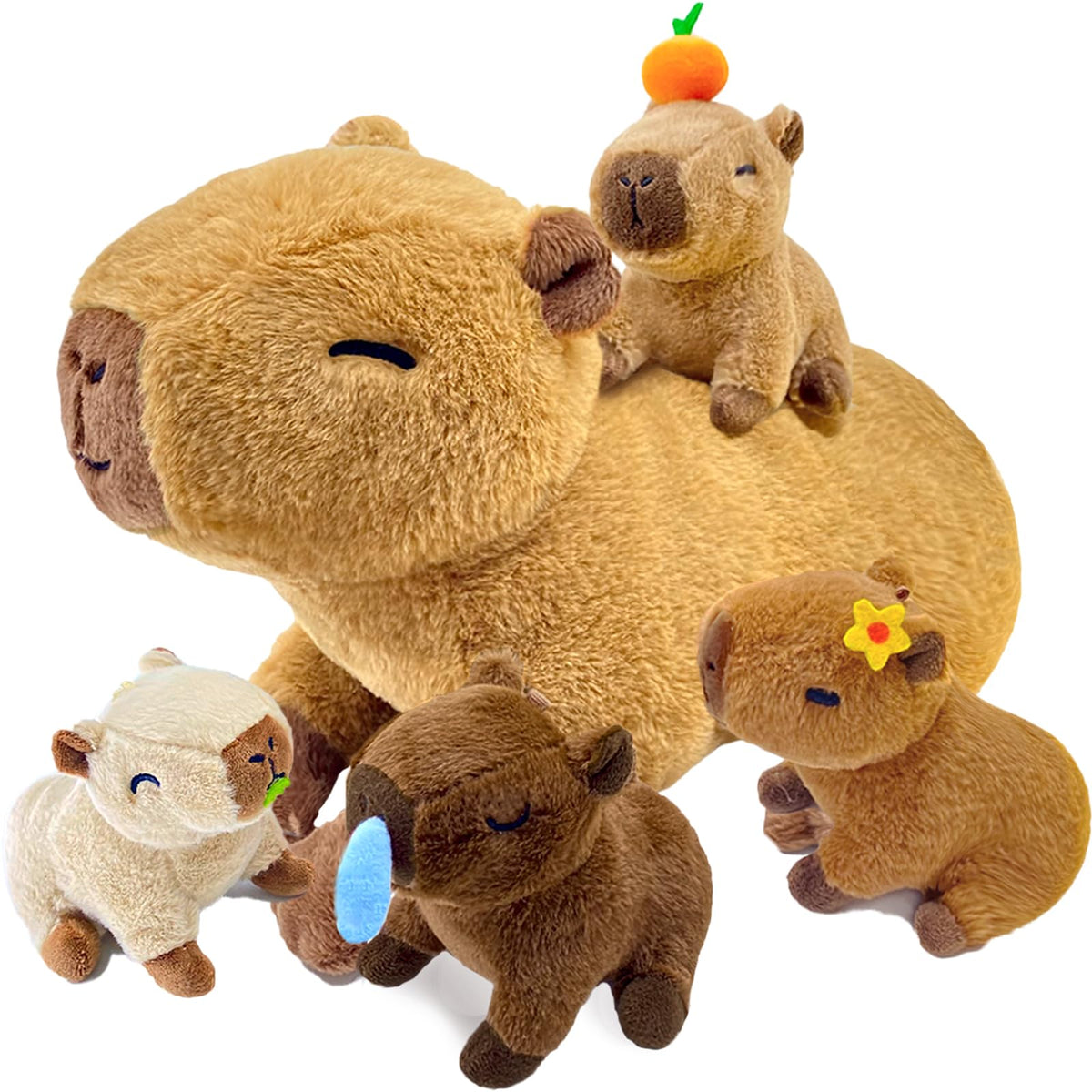 YUNCOL Capybara Mommy with babies plush for cozy cuddle and imaginative play