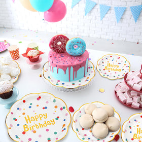 Yungyan birthday party decor plates enhance table styling.
