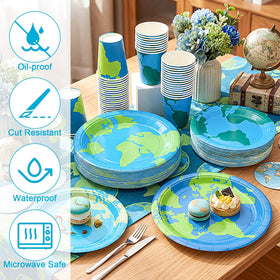 Yungyan disposable plates offer mess-free meals with stylish globe visuals.