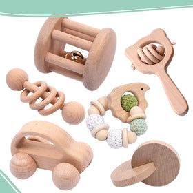 YunHe XinQiao wooden rattle with bell stimulates baby hearing and tactile exploration.
