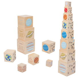 YunHe XinQiao wooden eight planets nesting boxes—front view with solar system labels for early learning.