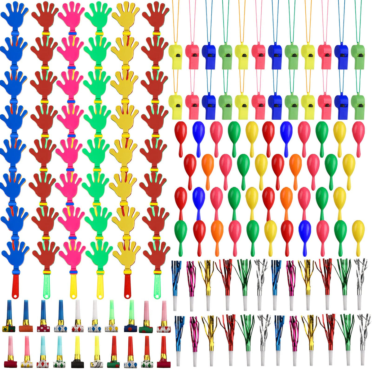 Yunsailing 156-piece noise makers set displayed for celebrations and gatherings.