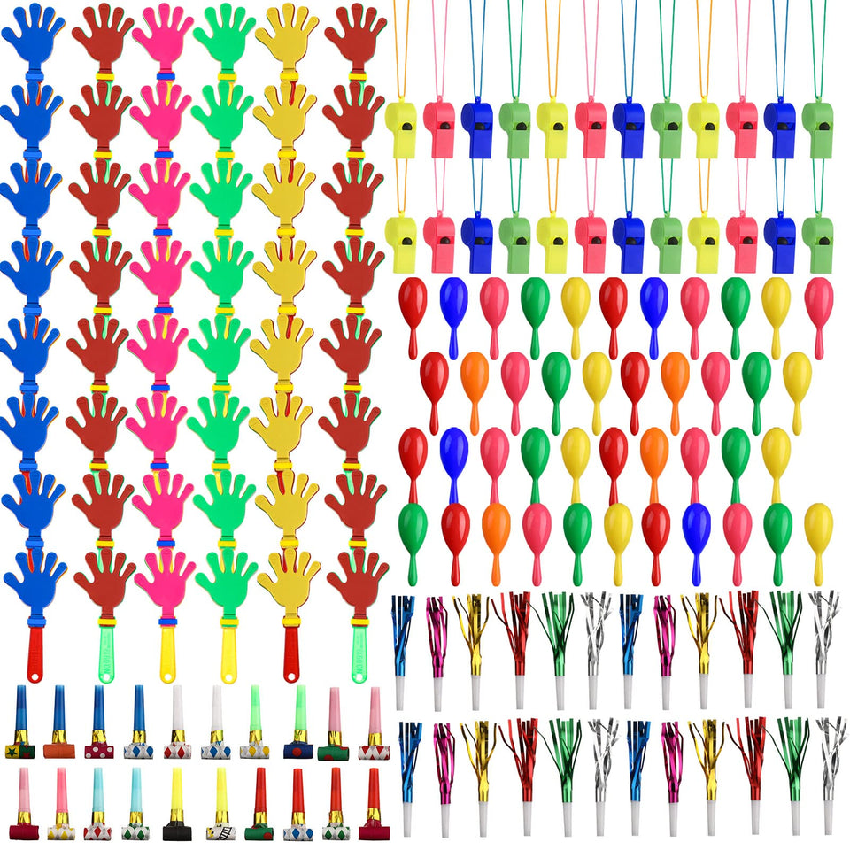 Yunsailing 156-piece noise makers set displayed for celebrations and gatherings.