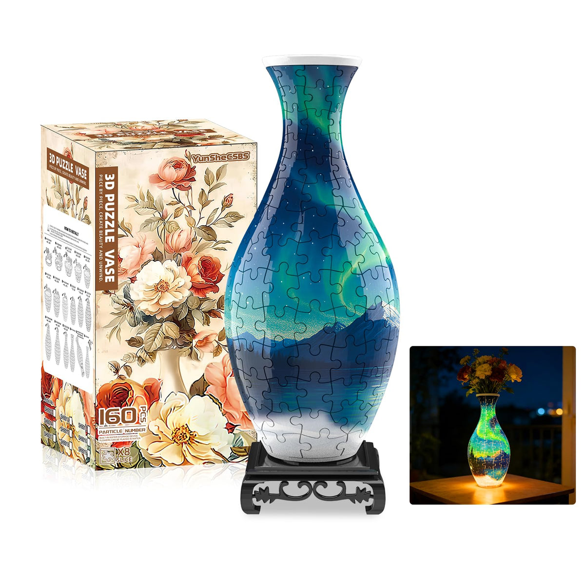 YunSheCSBS 3D puzzle vase with LED light enhances room ambience