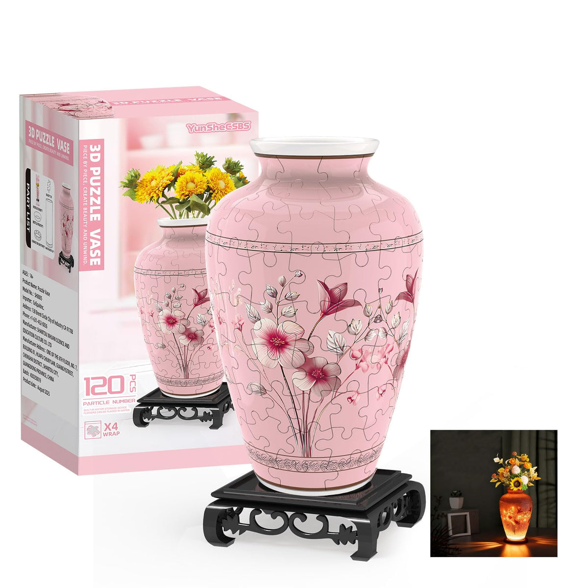YunSheCSBS 3D puzzle vase with LED light enhances ambient room décor