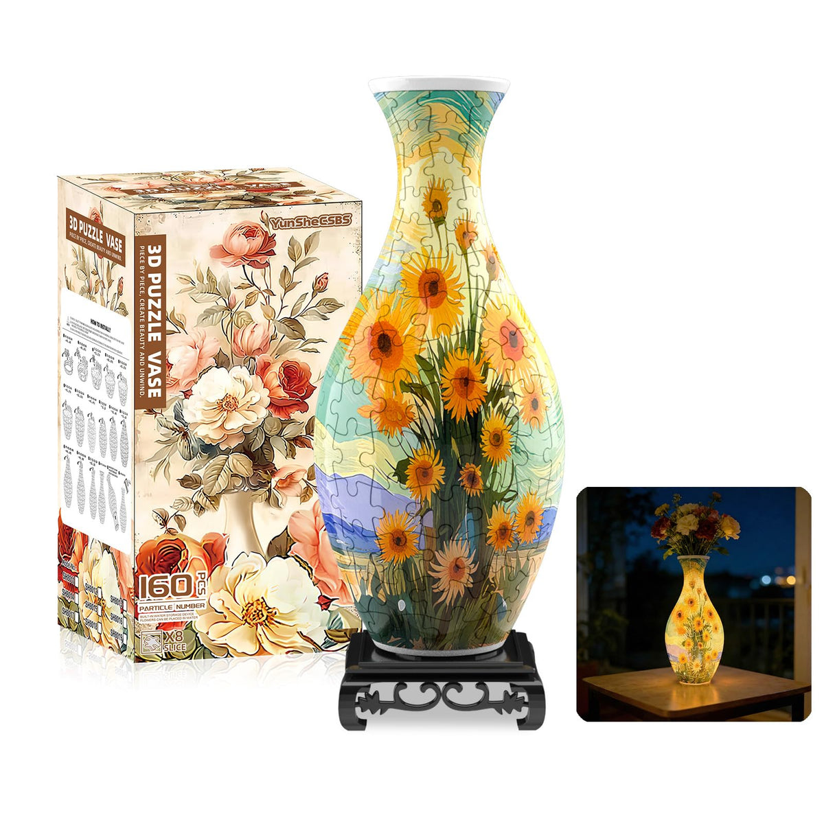 YunSheCSBS sunflowers 3D puzzle vase with LED light for ambient room decor.