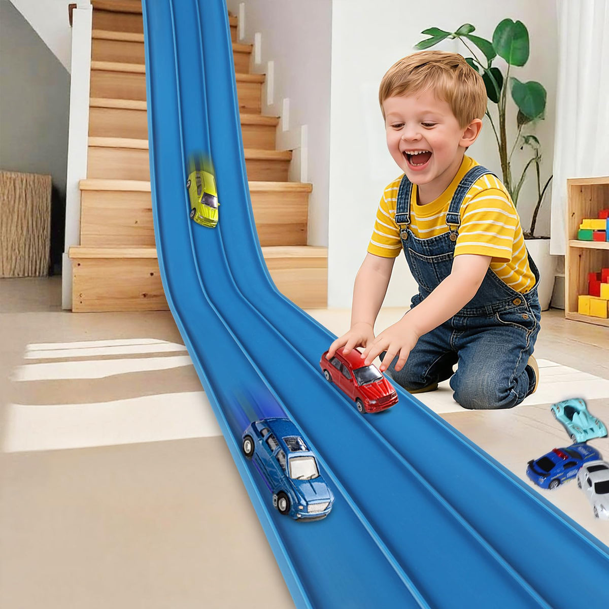YUOIOYU 3-Lane Race Track setup with three cars racing side by side for speed.