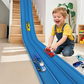 YUOIOYU 3-Lane Race Track setup with three cars racing side by side for speed.