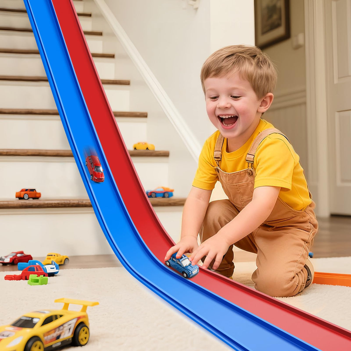 YUOIOYU Flex Tracks 15 Ft Starter unrolled on floor for imaginative racing fun.