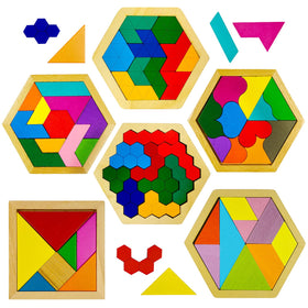 yuqilin 6-piece wooden tangrams spread with colorful shapes for creative problem solving