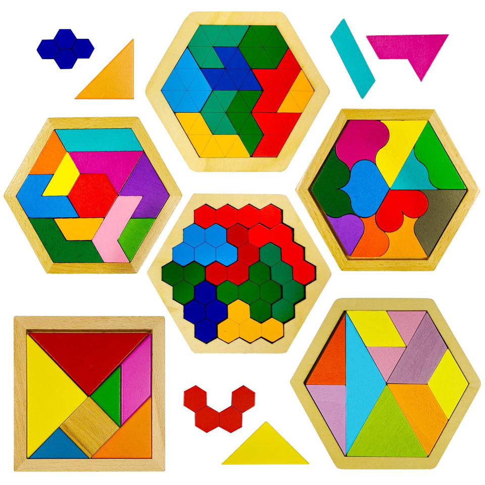 yuqilin 6-piece wooden tangrams spread with colorful shapes for creative problem solving