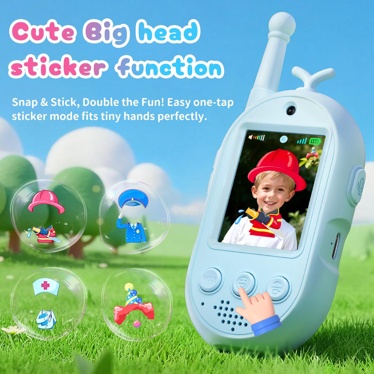 YUSSBCU video walkie talkie blue child holding showing kid-friendly size