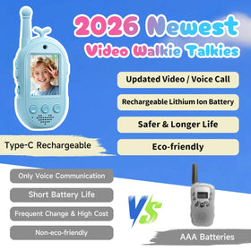 YUSSBCU video walkie talkie blue side view showing compact ergonomic design