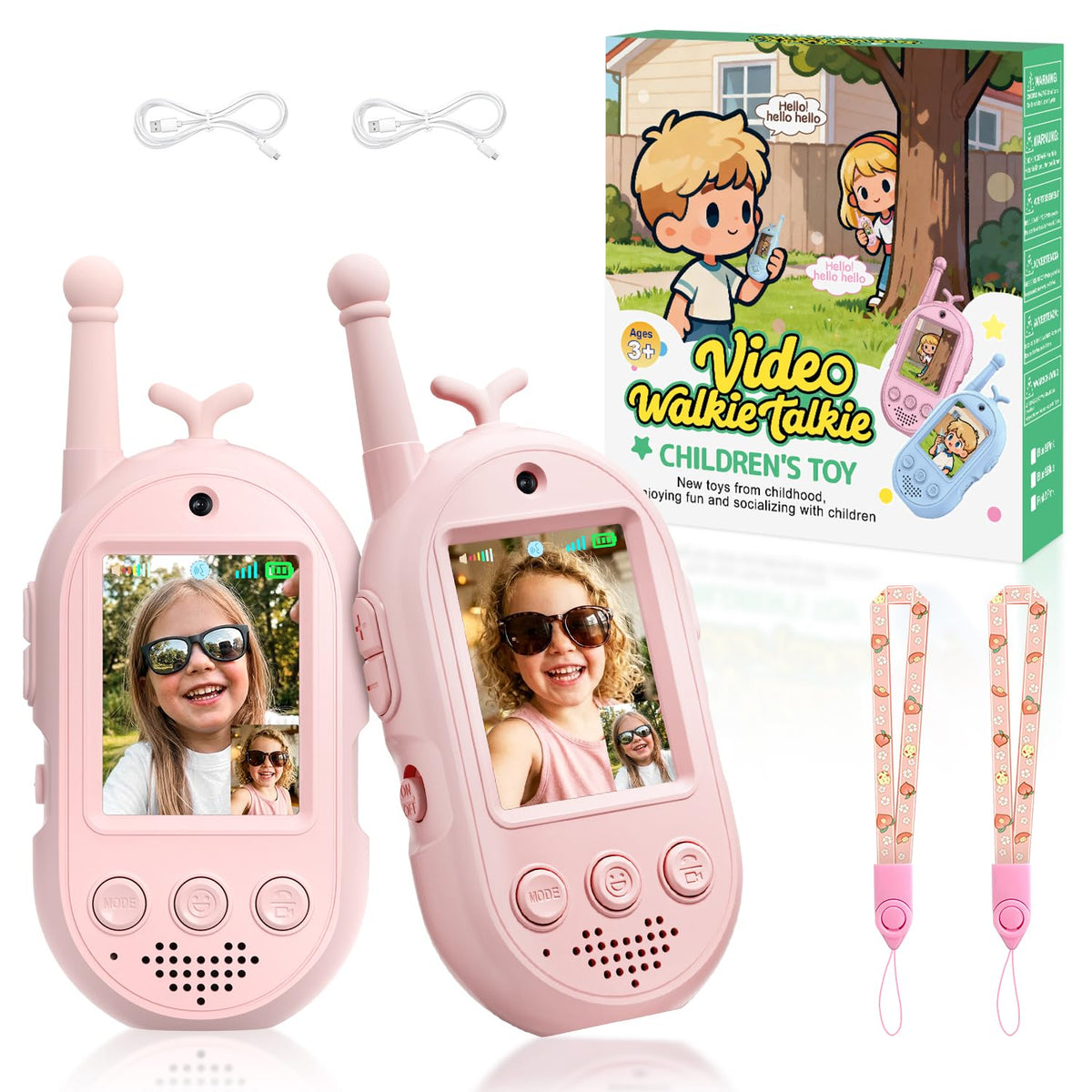 YUSSBCU kids pink video walkie talkie, front view, easy-to-grip for small hands.
