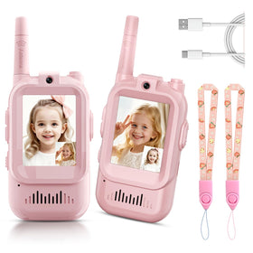 YUSSBCU pink video walkie talkie for kids, front view, fosters easy indoor play communication