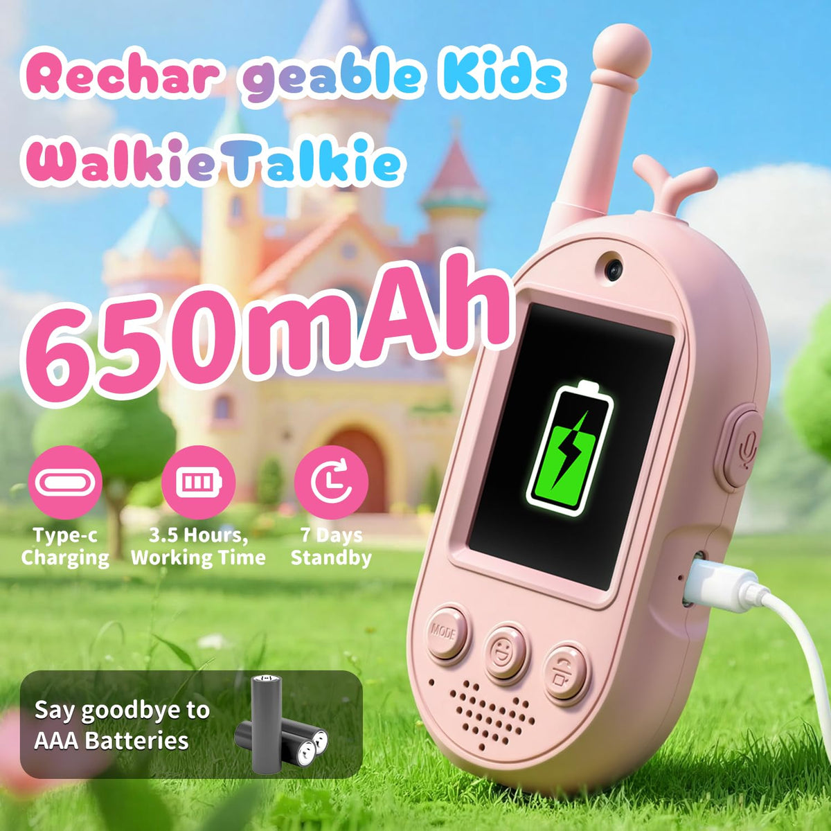 YUSSBCU pink walkie talkie with rechargeable battery for longer playtime.