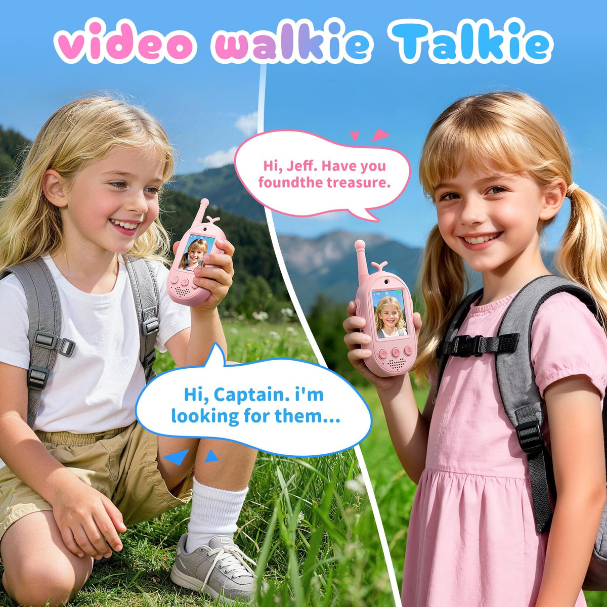 YUSSBCU video walkie talkie pink screen display highlights real-time video chatting.