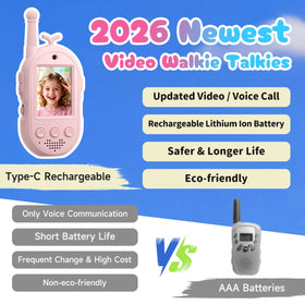 YUSSBCU kids pink video walkie talkie, side view, lightweight and portable.