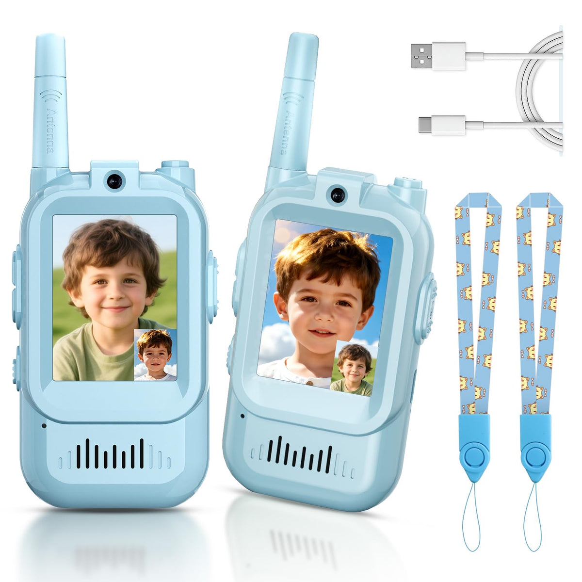 YUSSBCU video walkie talkies for kids blue front view ideal for indoor and outdoor play.