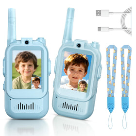 YUSSBCU video walkie talkies for kids blue front view ideal for indoor and outdoor play.