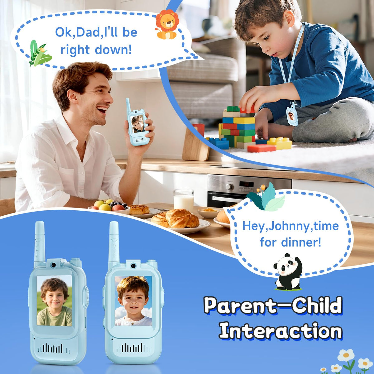 YUSSBCU video walkie talkies kids blue rechargeable battery for longer sessions.