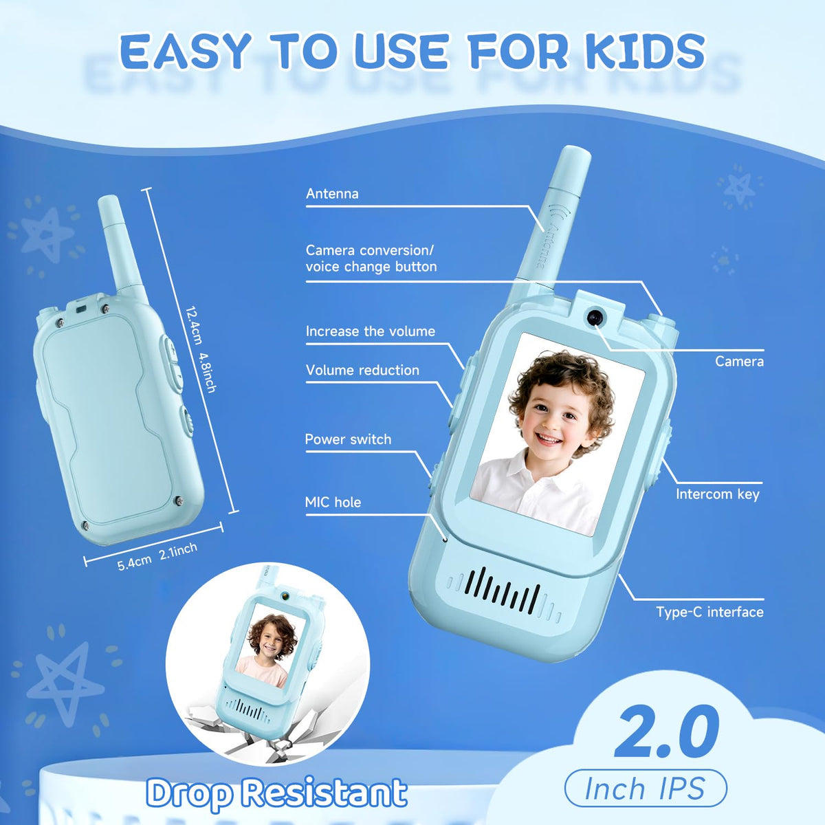 YUSSBCU video walkie talkies kids blue three voice modes for variety.