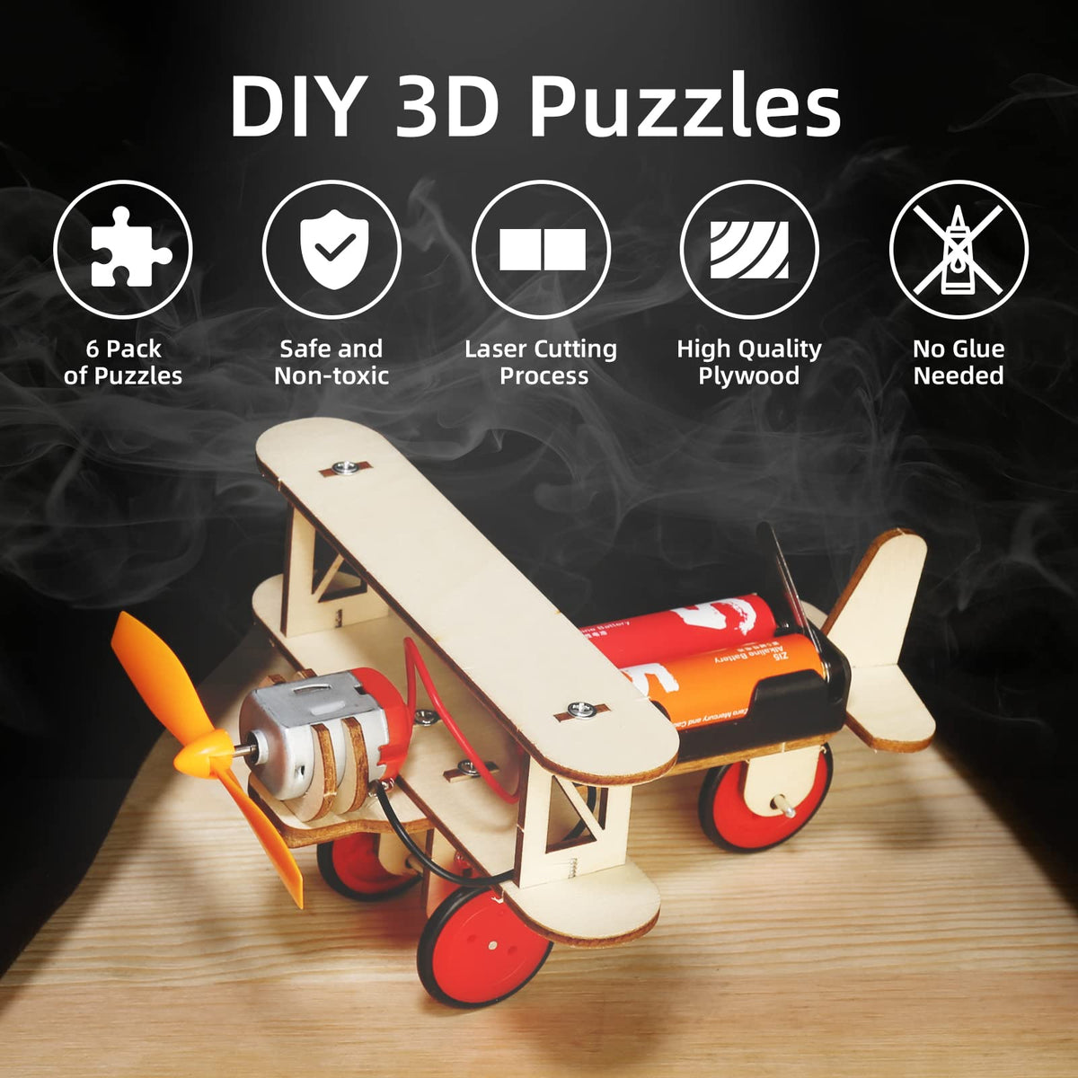 Yutin STEM kit biplane showing wooden construction and puzzle assembly
