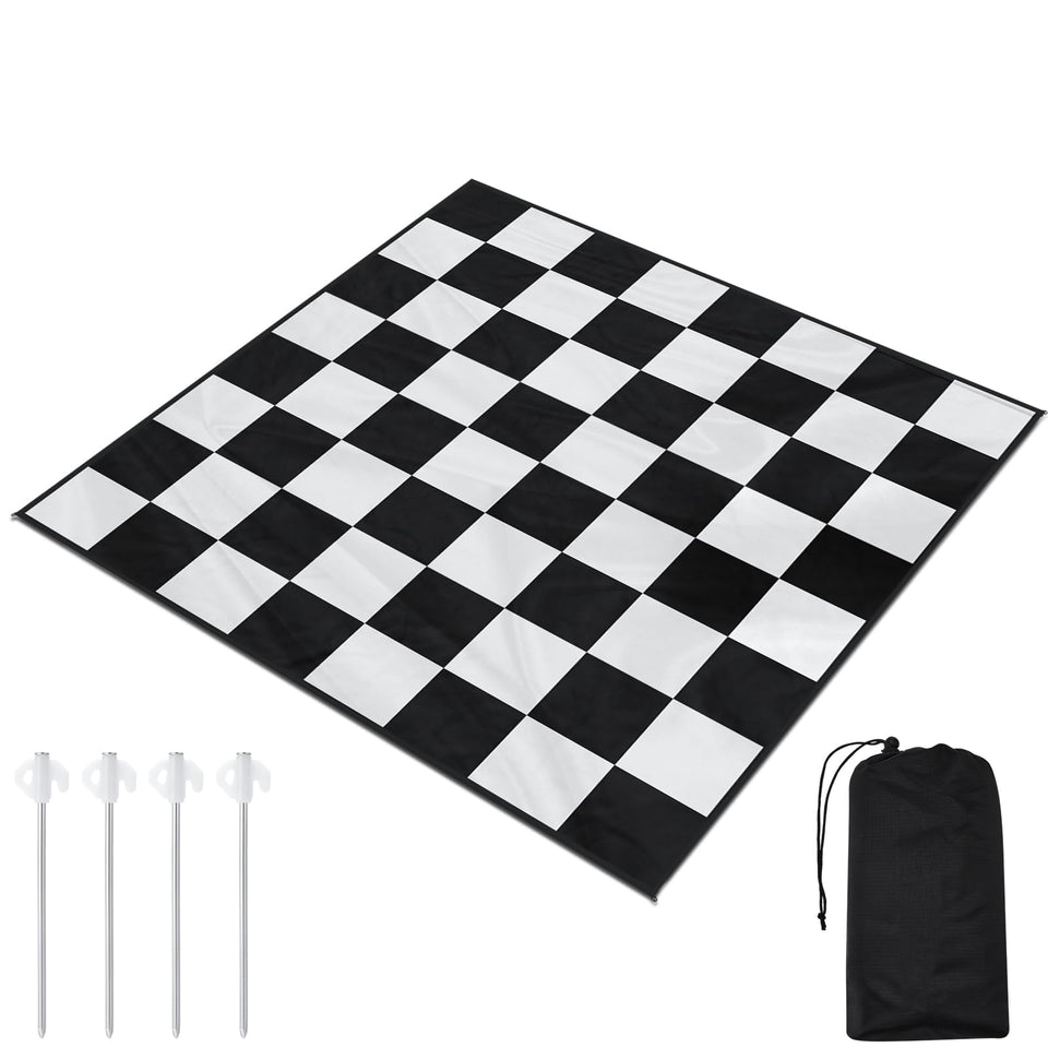 Yuxung giant chess mat spread on grass for outdoor play and social entertainment.