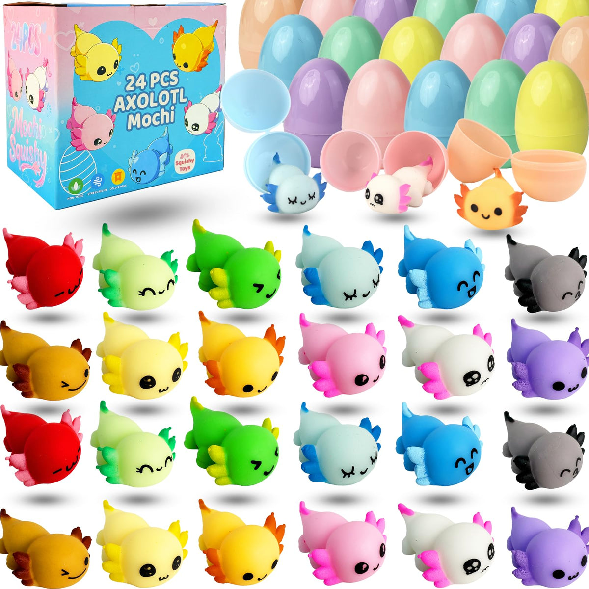 YUYUGAGA axolotl mochi squishy eggs set for Easter basket fillers and gentle squeezes.