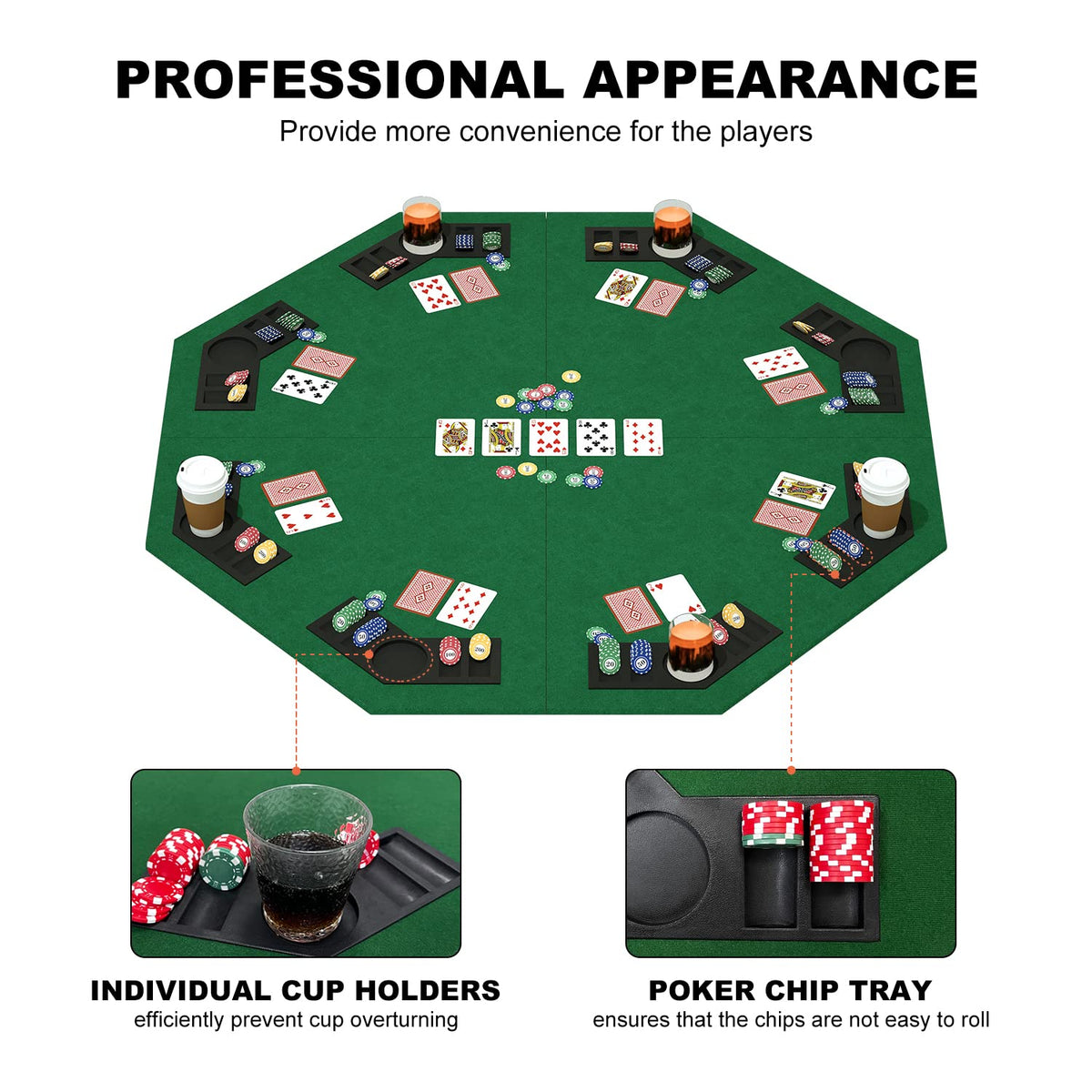 YUZPKRSI green felt poker mat provides smooth card handling and casino vibes.